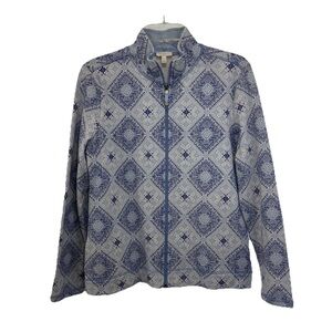 Talbots French Terry Zip Up Sweater Petite Small Mock Neck Cotton Blue Geometric